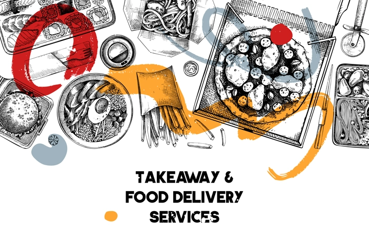 Fast food background. Hand drawn vector illustration. Collage style. Food delivery, takeaway food, takeout food in paper box, fast food menu design. Pizza, burger, coffee, noodles, poke, sushi sketch